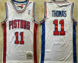 Men's Detroit Pistons 11 Isiah Thomas White 1988 89 Hardwood Classics Soul Swingman Throwback Jersey