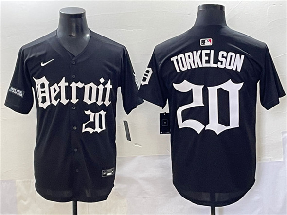Men's Detroit Tigers 20 Spencer Torkelson Black 'Motor Gothic Edition' Vapor Premier Limited Stitched Baseball Jersey