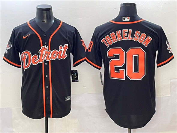 Men's Detroit Tigers 20 Spencer Torkelson Black With Patch Cool Base Stitched Baseball Jersey