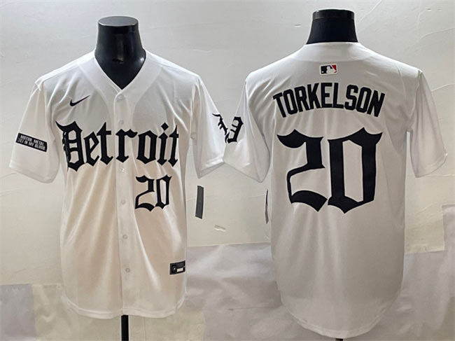 Men's Detroit Tigers 20 Spencer Torkelson White 'Motor Gothic Edition' Vapor Premier Limited Stitched Baseball Jersey