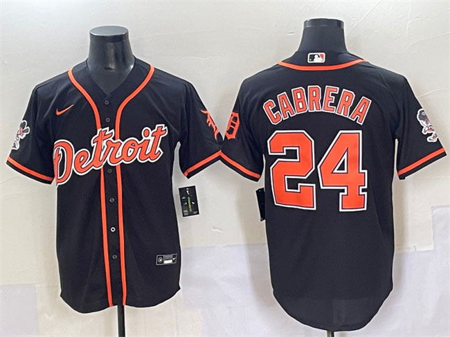 Men's Detroit Tigers 24 Miguel Cabrera Black With Patch Cool Base Stitched Baseball Jersey