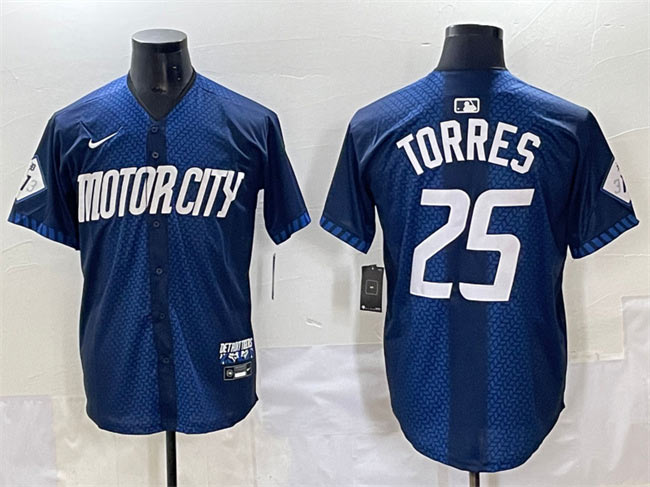 Men's Detroit Tigers 25 Gleyber Torres Navy City Connect Cool Base Limited Stitched Jersey