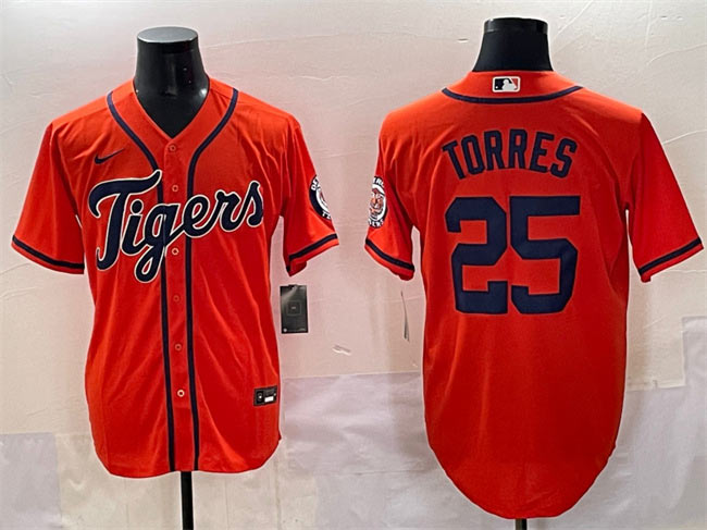 Men's Detroit Tigers 25 Gleyber Torres Orange With Patch Vapor Premier Limited Stitched Baseball Jersey