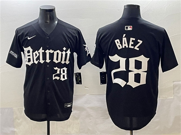Men's Detroit Tigers 28 Javier Báez Black 'Motor Gothic Edition' Vapor Premier Limited Stitched Baseball Jersey