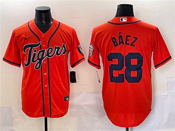 Men's Detroit Tigers 28 Javier Báez Orange With Patch Cool Base Stitched Baseball Jersey