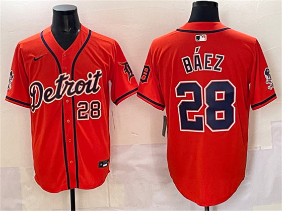Men's Detroit Tigers 28 Javier Báez Orange With Patch Vapor Premier Limited Stitched Baseball Jersey