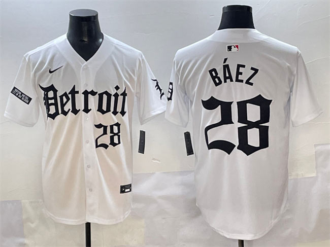Men's Detroit Tigers 28 Javier Báez White 'Motor Gothic Edition' Vapor Premier Limited Stitched Baseball Jersey