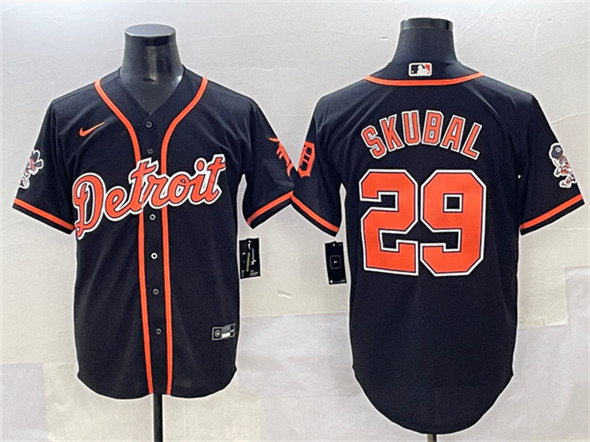 Men's Detroit Tigers 29 Tarik Skubal Black With Patch Cool Base Stitched Baseball Jersey