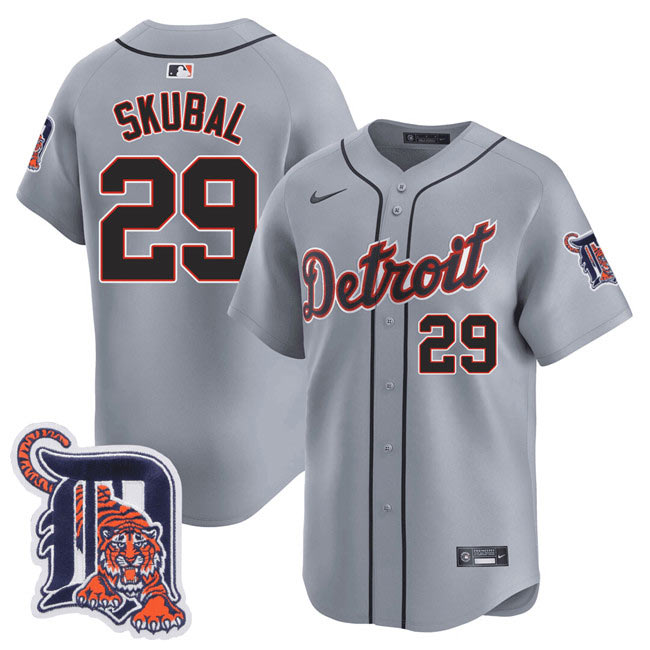 Men's Detroit Tigers 29 Tarik Skubal Gray Logo Patch Vapor Premier Limited Stitched Baseball Jersey