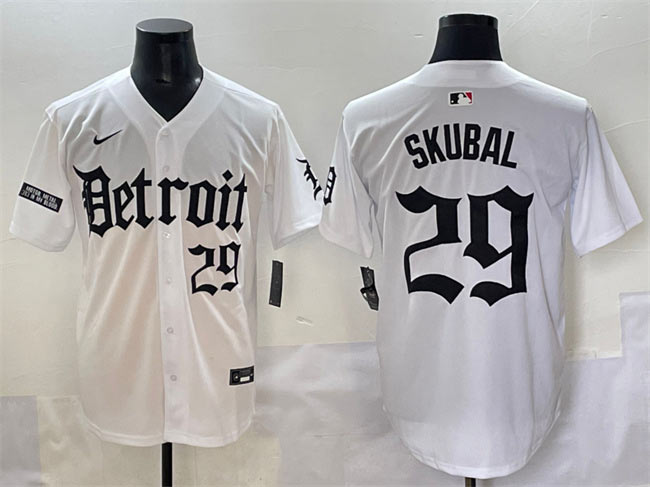 Men's Detroit Tigers 29 Tarik Skubal White 'Motor Gothic Edition' Vapor Premier Limited Stitched Baseball Jersey