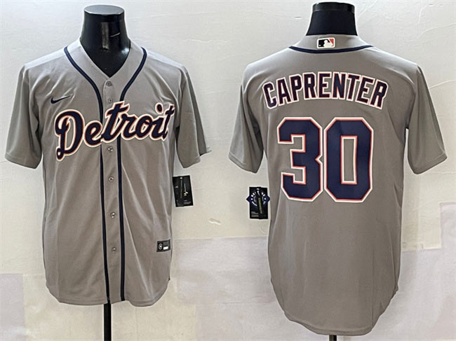 Men's Detroit Tigers 30 Kerry Carpenter Grey Cool Base Stitched Baseball Jersey