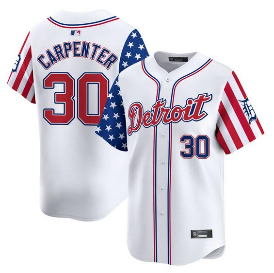 Men's Detroit Tigers 30 Kerry Carpenter White 2025 Independence Day Vapor Premier Limited Stitched Baseball Jersey