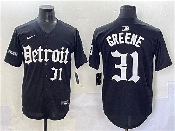 Men's Detroit Tigers 31 Riley Greene Black 'Motor Gothic Edition' Vapor Premier Limited Stitched Baseball Jersey