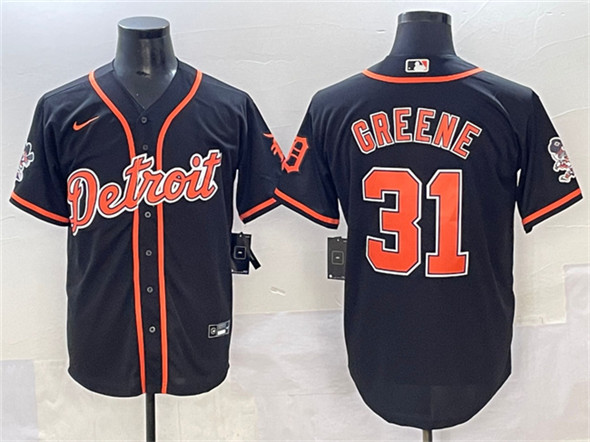 Men's Detroit Tigers 31 Riley Greene Black With Patch Cool Base Stitched Baseball Jersey