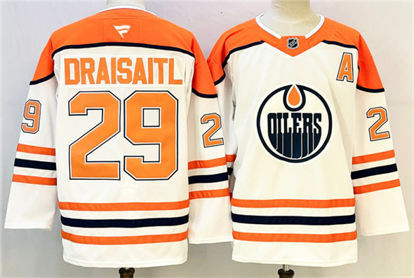 Men's Edmonton Oilers 29 Leon Draisaitl White Orange 2024 25 With A Patch Stitched Jersey