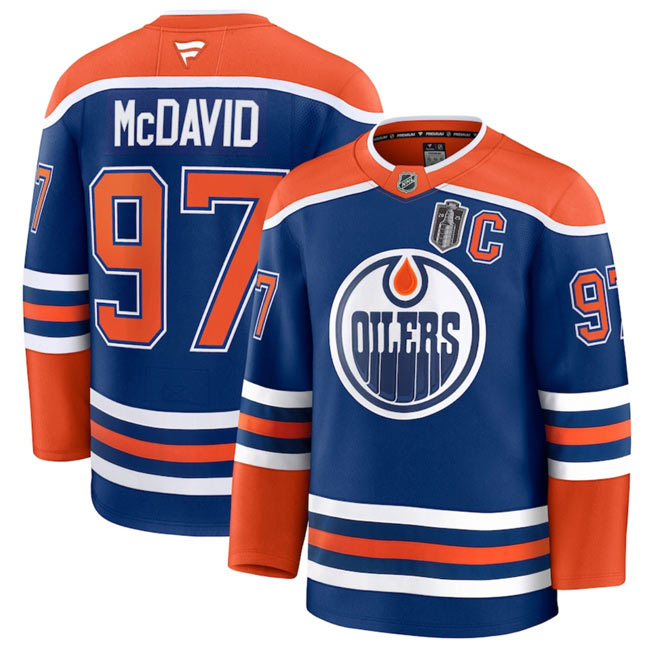 Men's Edmonton Oilers 97 Connor McDavid Royal 2025 Stanley Cup Final Patch And C Patch Stitched Hockey Jersey