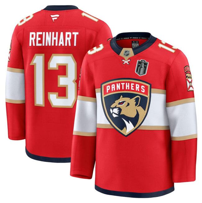 Men's Florida Panthers 13 Sam Reinhart Red 2025 Stanley Cup Final Patch Stitched Hockey Jersey