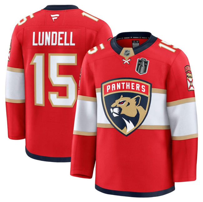 Men's Florida Panthers 15 Anton Lundell Red 2025 Stanley Cup Final Patch Stitched Hockey Jersey