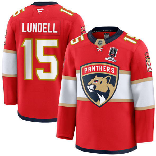 Men's Florida Panthers 15 Anton Lundell Red Home 2025 Stanley Cup Champions Patch Stitched Jersey