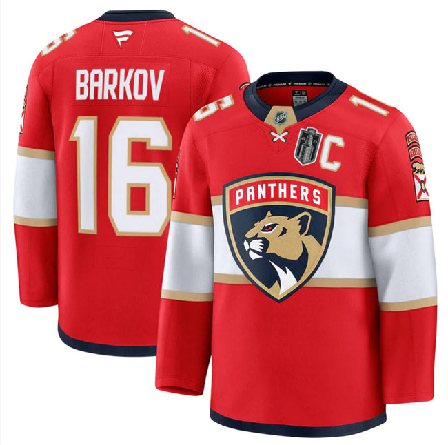 Men's Florida Panthers 16 Aleksander Barkov Red 2025 Stanley Cup Final Patch Stitched Hockey Jersey