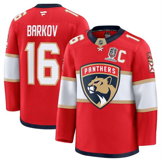 Men's Florida Panthers 16 Aleksander Barkov Red Home 2025 Stanley Cup Champions & C Patch Stitched Hockey Jersey