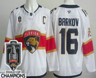 Men's Florida Panthers 16 Aleksander Barkov White 2025 Stanley Cup Champions Authentic Jersey