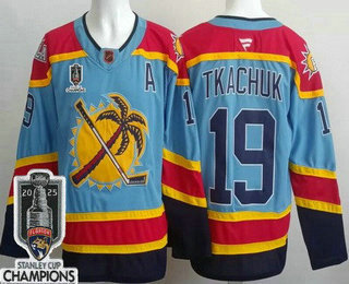 Men's Florida Panthers 19 Matthew Tkachuk Blue 2025 Stanley Cup Champions Authentic Jersey