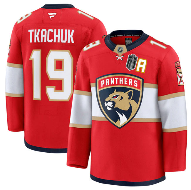 Men's Florida Panthers 19 Matthew Tkachuk Red 2025 Stanley Cup Final Patch Stitched Hockey Jersey