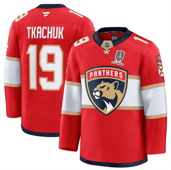 Men's Florida Panthers 19 Matthew Tkachuk Red Home 2025 Stanley Cup Champions Patch Stitched Hockey Jersey