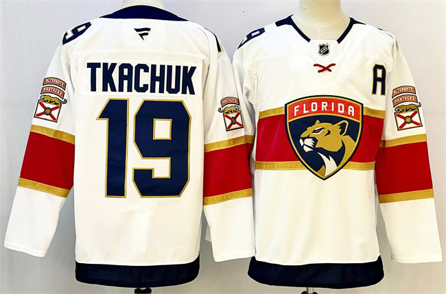 Men's Florida Panthers 19 Matthew Tkachuk White 2024 25 Home With A Patch Stitched Hockey Jersey