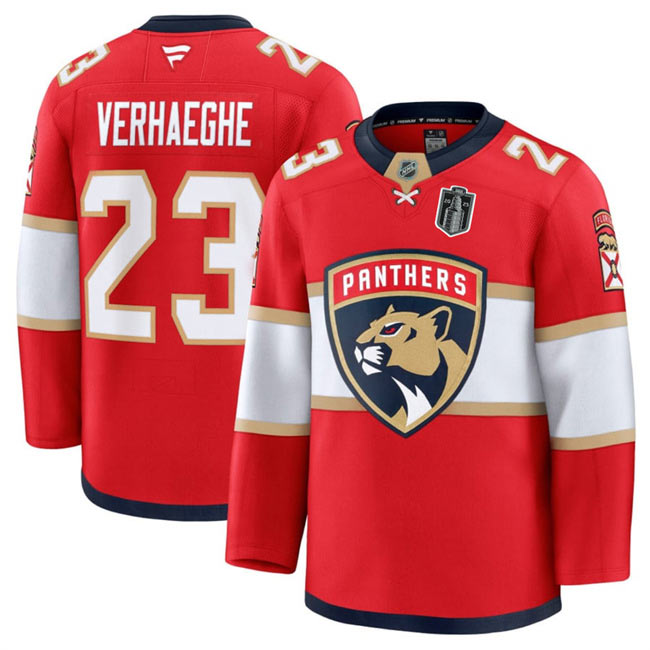Men's Florida Panthers 23 Carter Verhaeghe Red 2025 Stanley Cup Final Patch Stitched Hockey Jersey