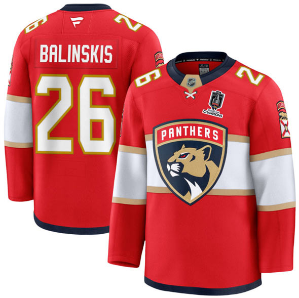 Men's Florida Panthers 26 Uvis Balinskis Red Home 2025 Stanley Cup Champions Patch Stitched Jersey