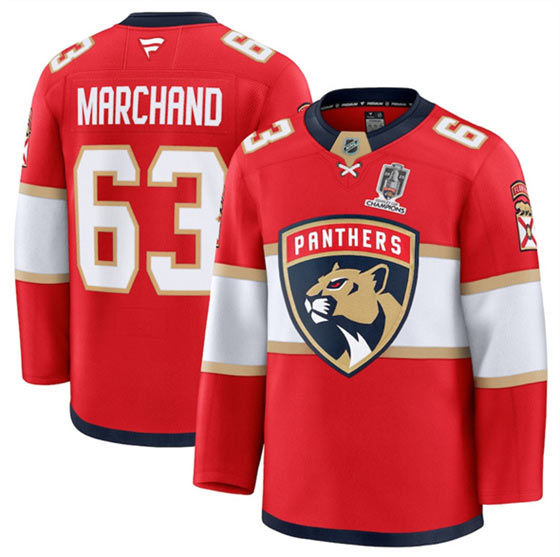 Men's Florida Panthers 63 Brad Marchand Red Home 2025 Stanley Cup Champions Patch Stitched Hockey Jersey