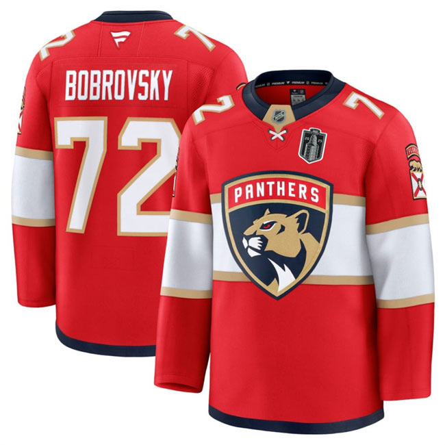 Men's Florida Panthers 72 Sergei Bobrovsky Red 2025 Stanley Cup Final Patch Stitched Hockey Jersey