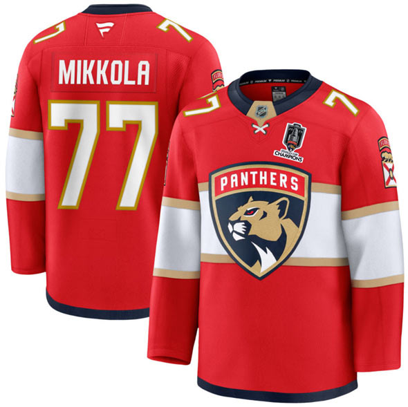 Men's Florida Panthers 77 Niko Mikkola Red Home 2025 Stanley Cup Champions Patch Stitched Jersey