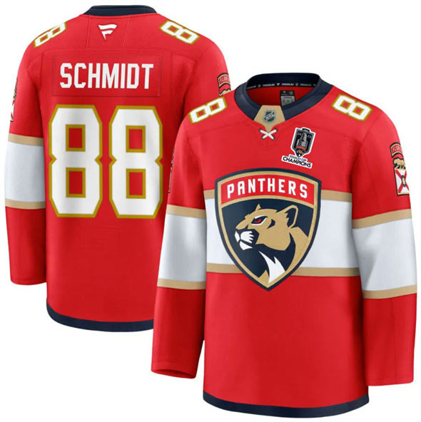 Men's Florida Panthers 88 Nate Schmidt Red Home 2025 Stanley Cup Champions Patch Stitched Jersey