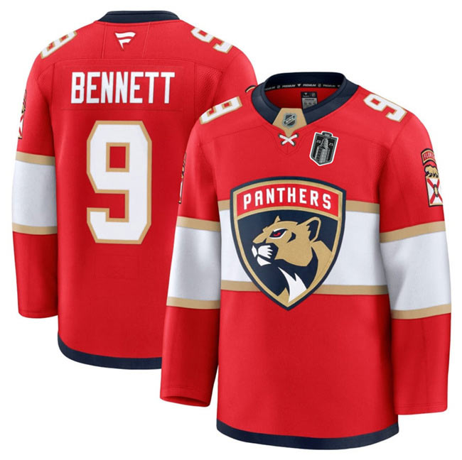 Men's Florida Panthers 9 Sam Bennett Red 2025 Stanley Cup Final Patch Stitched Hockey Jersey