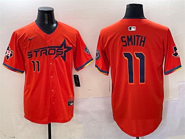 Men's Houston Astros 11 Cam Smith Orange 2025 City Connect With Texas Patch Limited Stitched Baseball Jersey