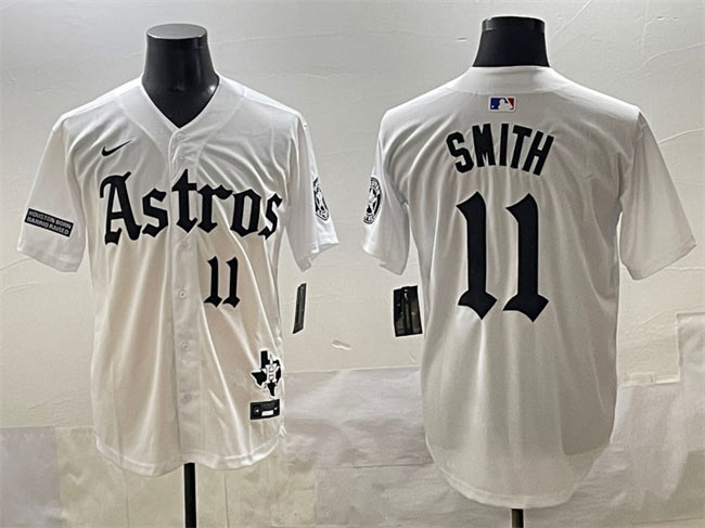 Men's Houston Astros 11 Cam Smith White Gothic 'Houston Born Barrio Raised' Limited Stitched Baseball Jersey