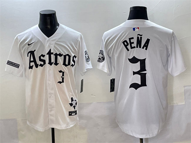 Men's Houston Astros 3 Jeremy Pena White Gothic 'Houston Born Barrio Raised' Limited Stitched Baseball Jersey