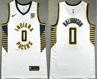 Men's Indiana Pacers 0 Tyrese Haliburton White Association Edition Sponsor Stitched Jersey
