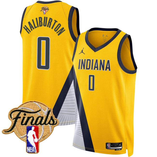 Men's Indiana Pacers 0 Tyrese Haliburton Yellow 2025 Finals Statement Edition Stitched Basketball Jersey