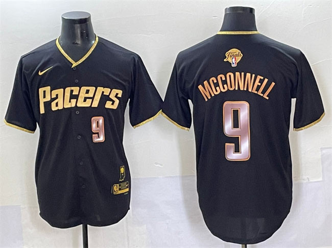 Men's Indiana Pacers 9 T.J. McConnell Black Gold 2025 Finals Vapor Stitched Baseball Jersey