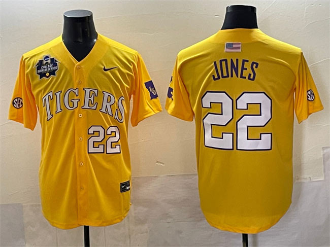 Men's LSU Tigers 22 Jared Jones Gold 2025 World Series & SEC Patch Stitched Baseball Jersey