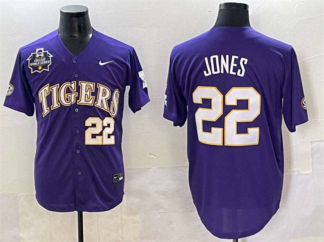 Men's LSU Tigers 22 Jared Jones Purple 2025 World Series & SEC Patch Stitched Baseball Jersey