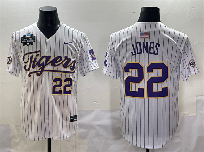 Men's LSU Tigers 22 Jared Jones White Pinstripe 2025 World Series & SEC Patch Stitched Baseball Jersey