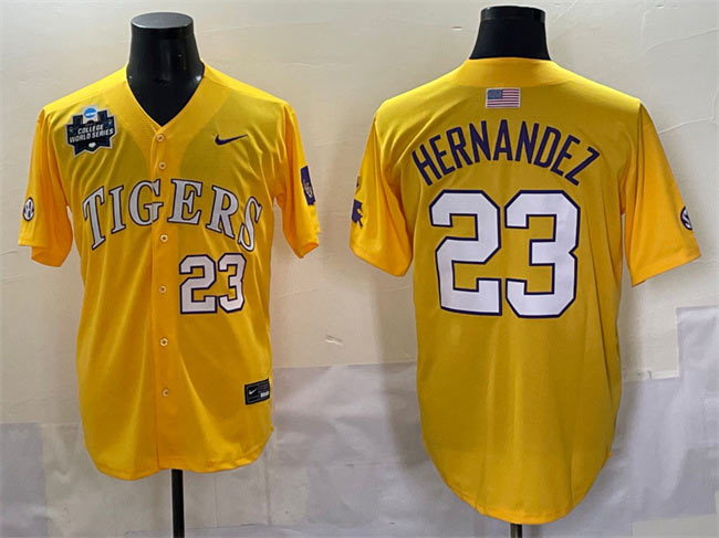 Men's LSU Tigers 23 Luis Hernandez Gold 2025 World Series & SEC Patch Stitched Baseball Jersey