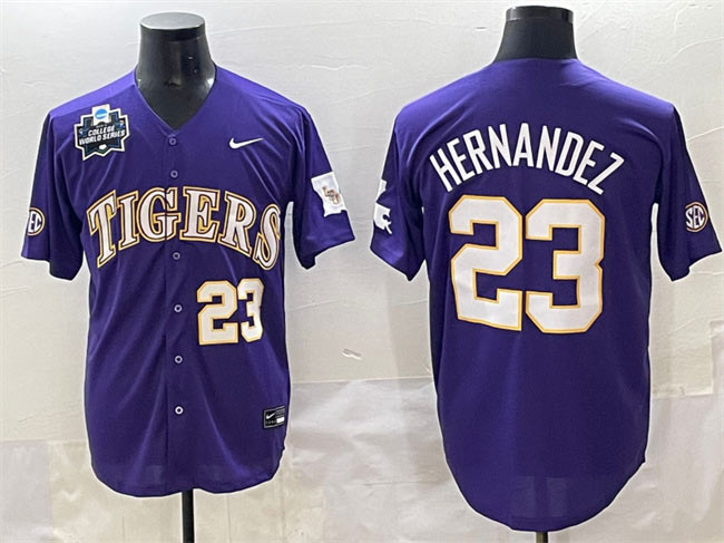 Men's LSU Tigers 23 Luis Hernandez Purple 2025 World Series & SEC Patch Stitched Baseball Jersey