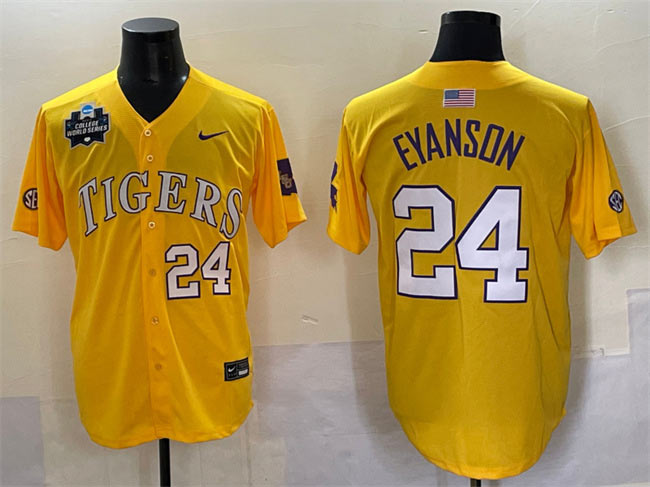 Men's LSU Tigers 24 Anthony Eyanson Gold 2025 World Series & SEC Patch Stitched Baseball Jersey