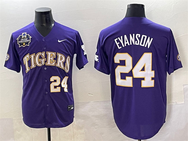 Men's LSU Tigers 24 Anthony Eyanson Purple 2025 World Series & SEC Patch Stitched Baseball Jersey